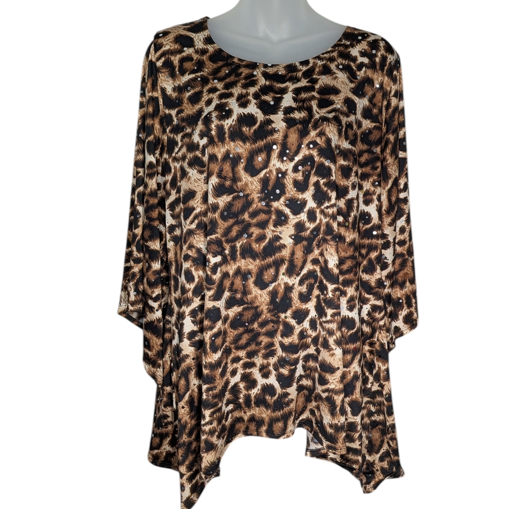 Brittany Black XL Leopard Print Mirror Sequin Accented Asymmetrical Top Flowy